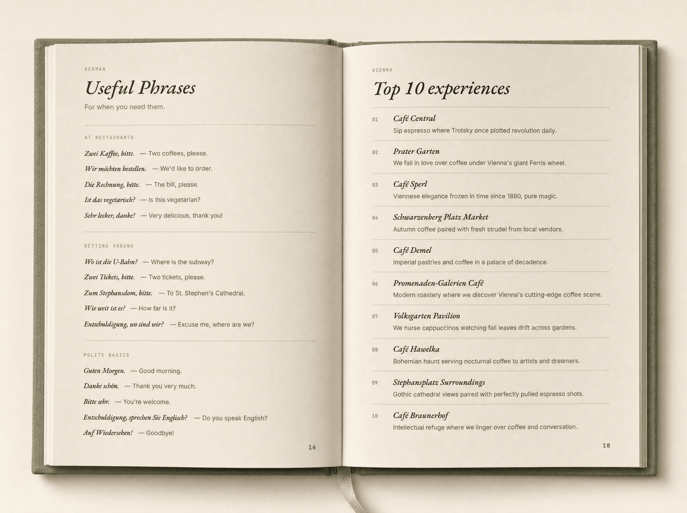 Useful Phrases and Top 10 Vienna spread — local language phrases on the left, curated numbered list of cafés and spots on the right