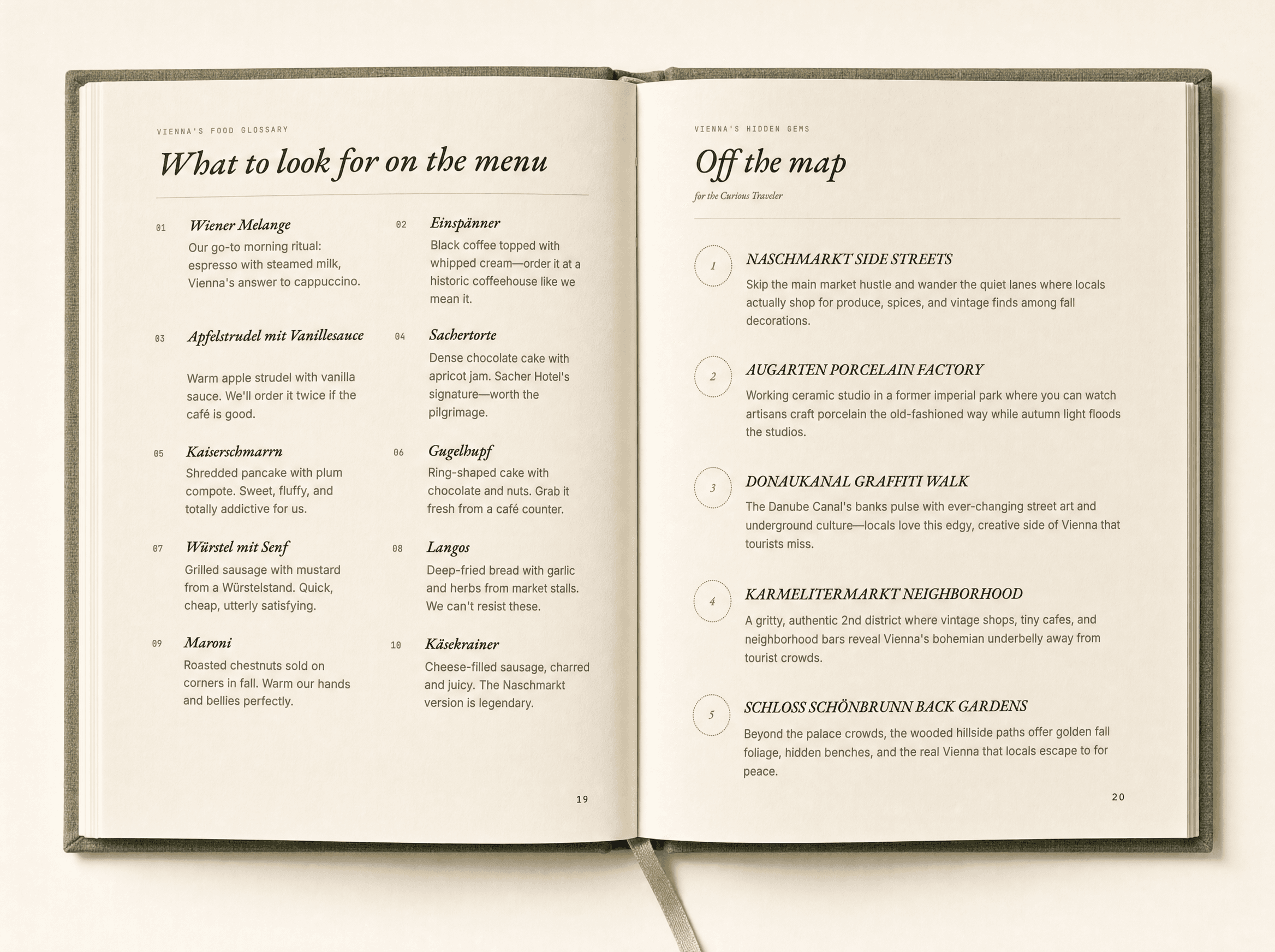 What to order off-menu spread — local food tips on the left, Vienna hidden gems on the right