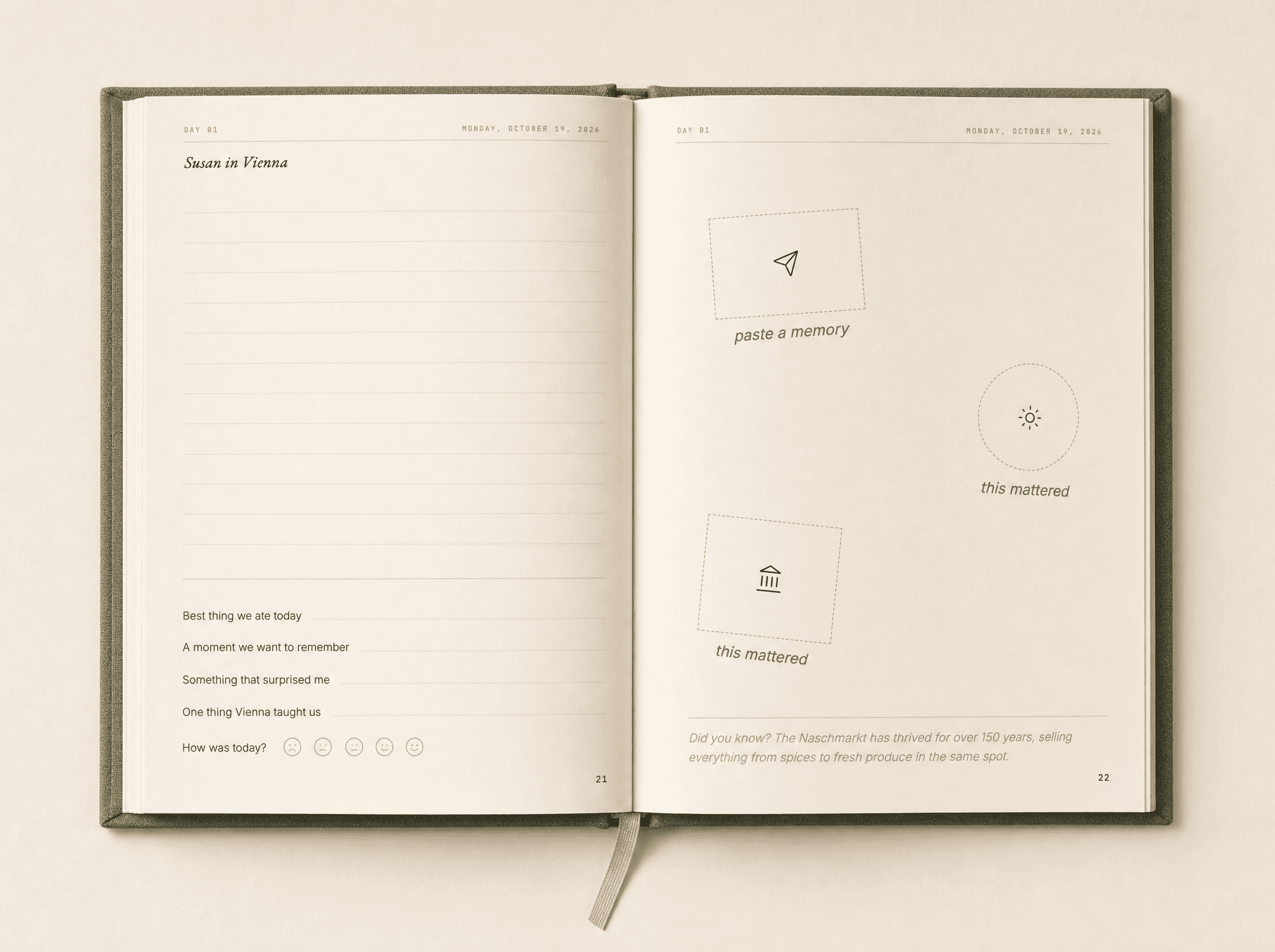 Day 01 journal spread — lined writing pages with prompts to capture your first day